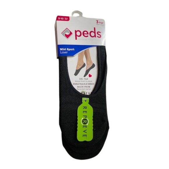 PEDS 12 PAIR Black Mid Sportt Liner Socks - Breathable Mesh - GEL TAB Heel - Picture 3 of 8